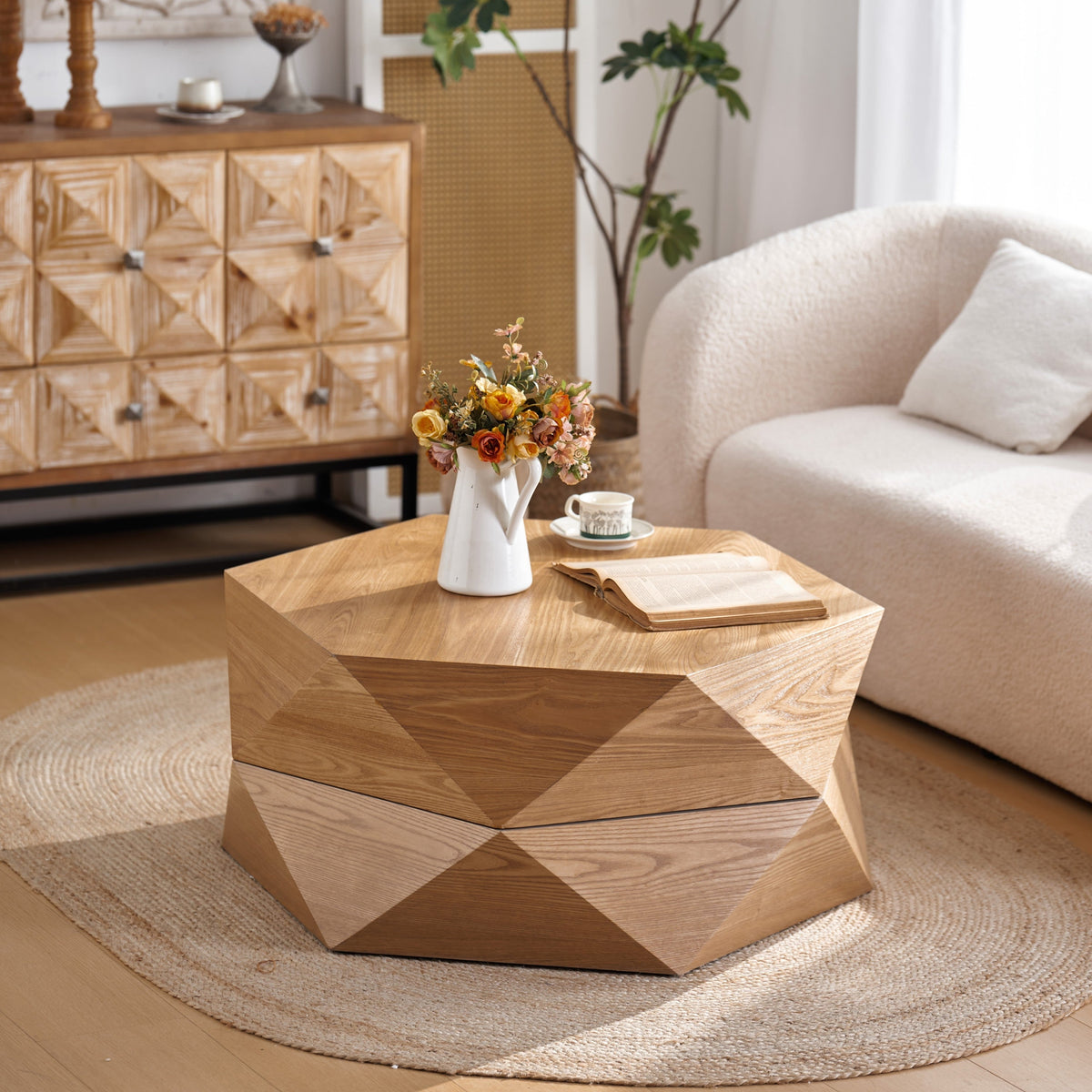 Natural wood veneer polygon flip top coffee table with hidden storage in a retro living room