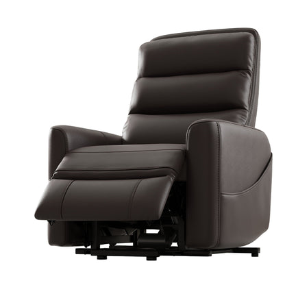Dark brown faux leather power lift recliner chair with side pockets in a cozy living room
