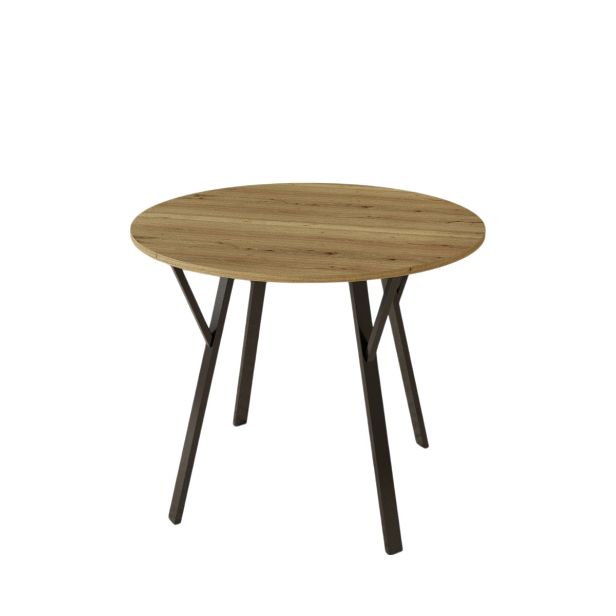 Rustic brown round industrial dining table with black metal frame in a small kitchen nook