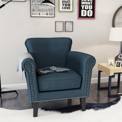 Navy Blue Fabric Club Chair with Nailhead Trim and Birch Wood Legs – view 5