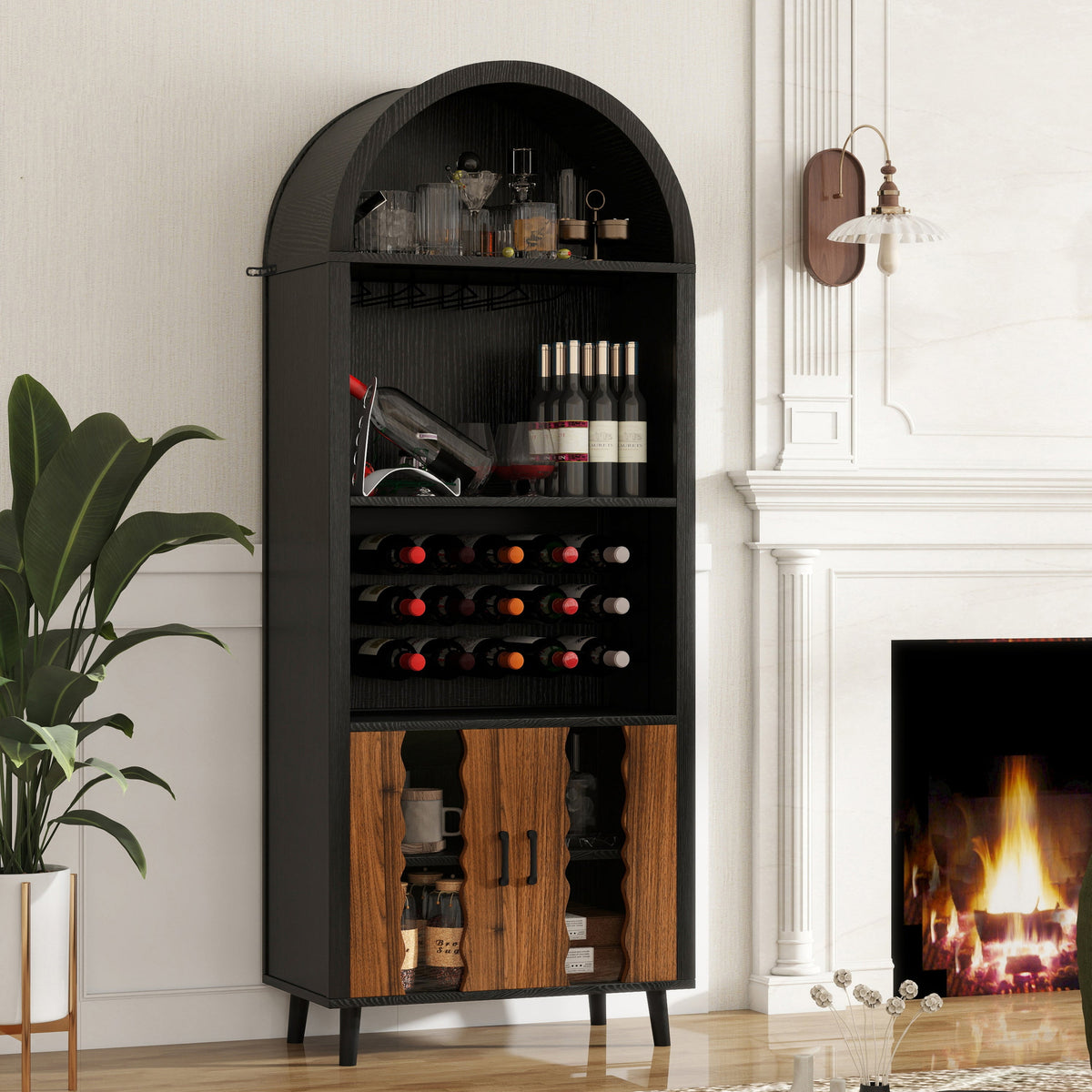 71-Inch Farmhouse Arched Wine Bar Cabinet with Glass Holders, Black – view 2