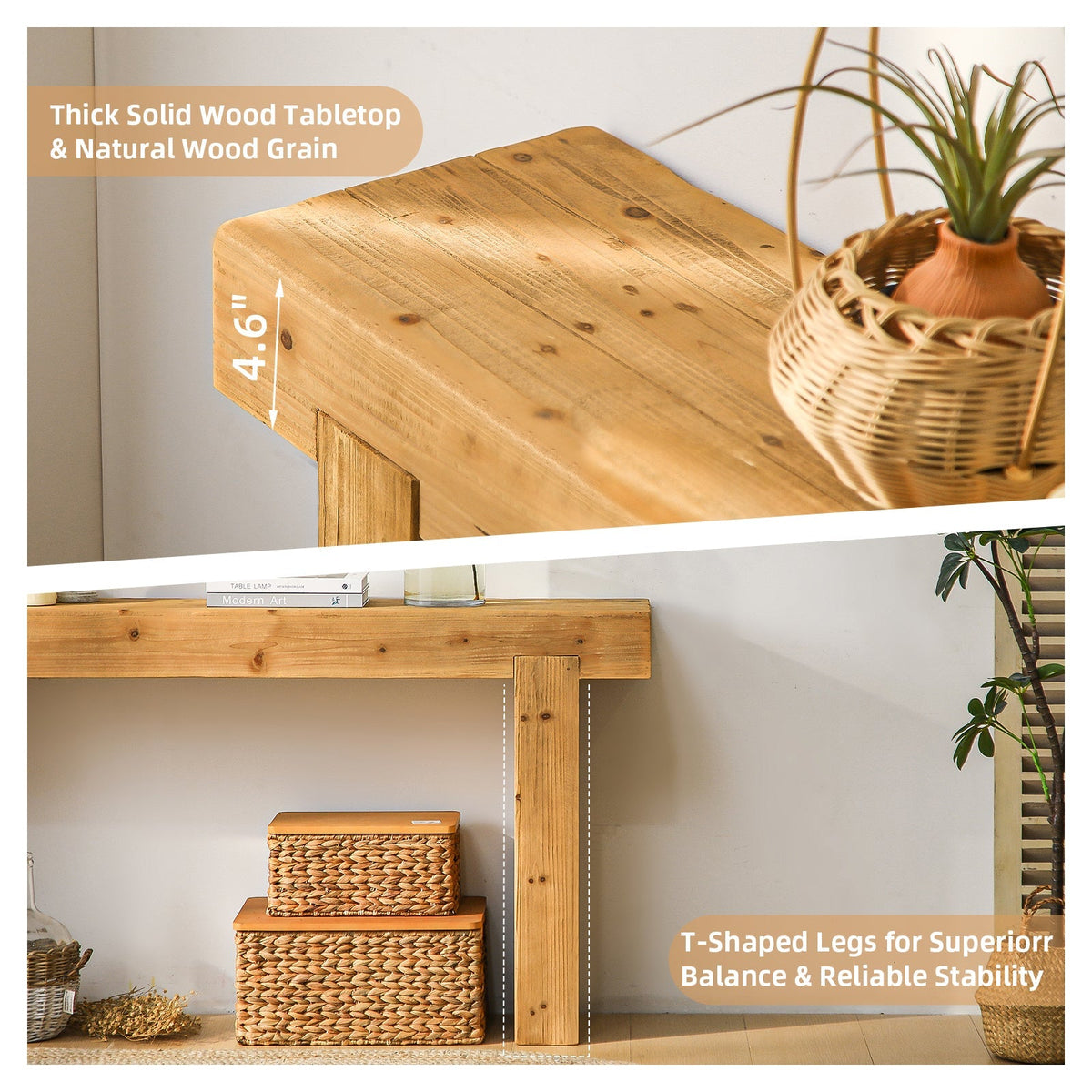 63" Solid Wood Rustic Farmhouse Console Table, Natural Wood – view 6