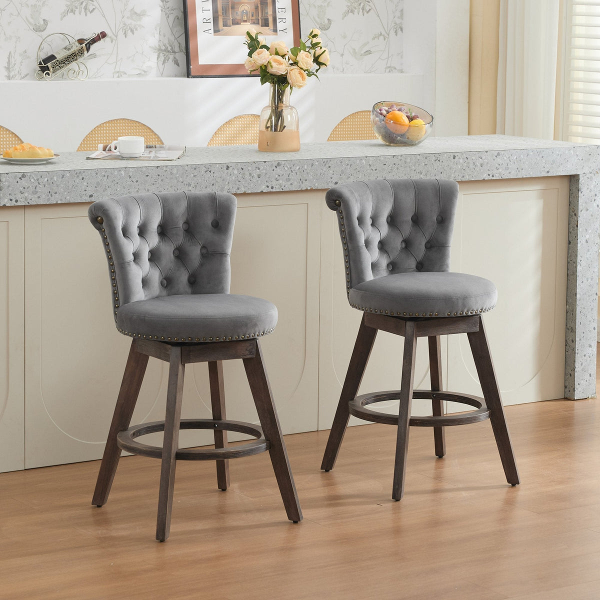 26" Gray Velvet Swivel Counter Height Bar Stools, Set of 2 – view 16