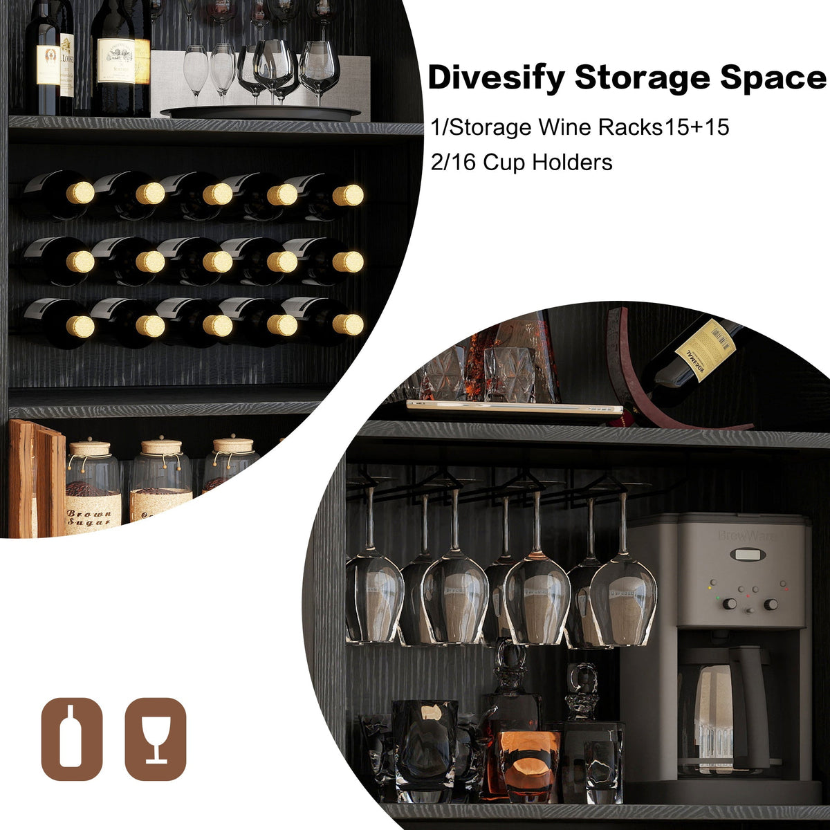 71-Inch Farmhouse Arched Wine Bar Cabinet with Glass Holders, Black – view 7