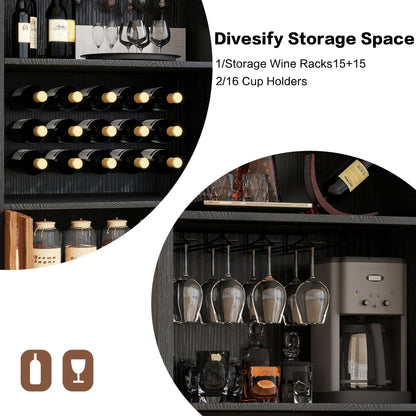71-Inch Farmhouse Arched Wine Bar Cabinet with Glass Holders, Black – view 7