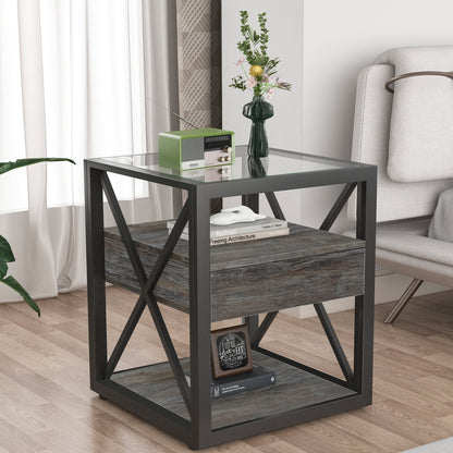 Industrial End Tables with Drawer and Glass Top, Set of 2 Nightstands – view 5