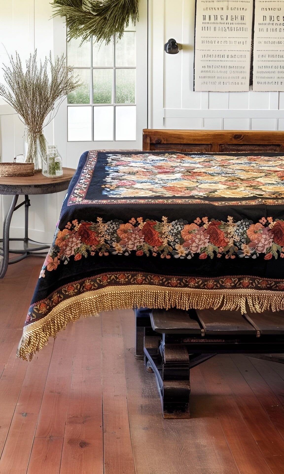 Midnight Awakening Black Floral Country Rustic Woven Tablecloth – view 2