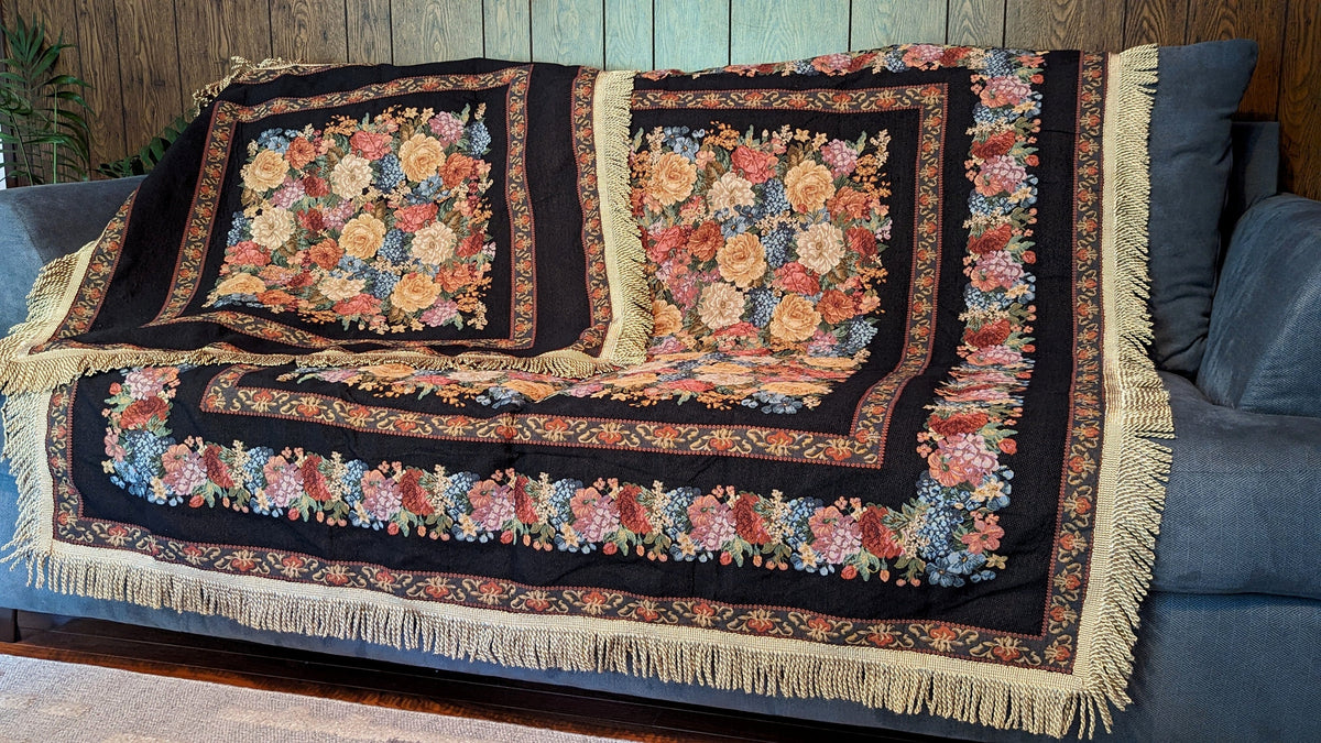 Midnight Awakening Black Floral Country Rustic Woven Tablecloth – view 6