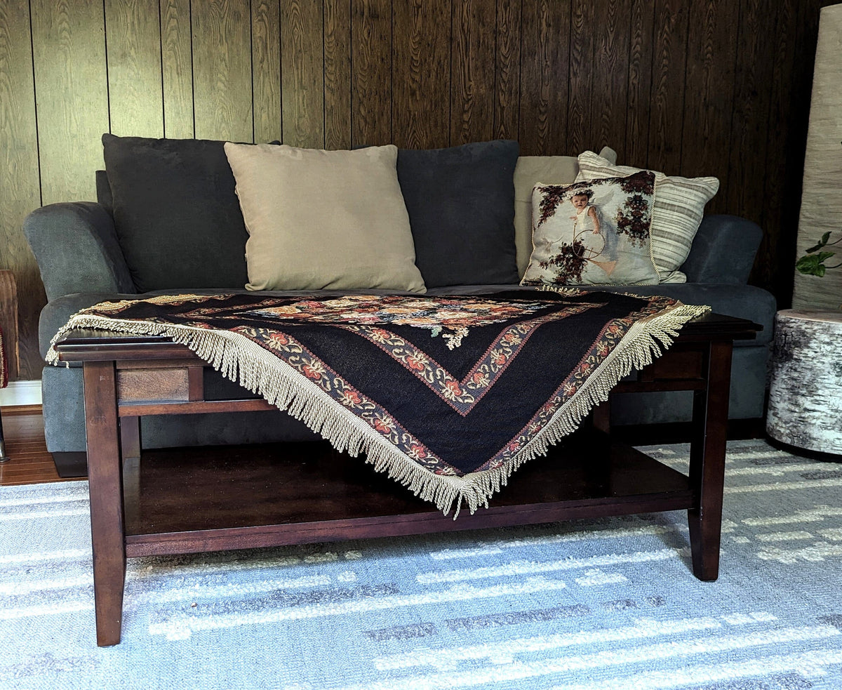 Midnight Awakening Black Floral Country Rustic Woven Tablecloth – view 7