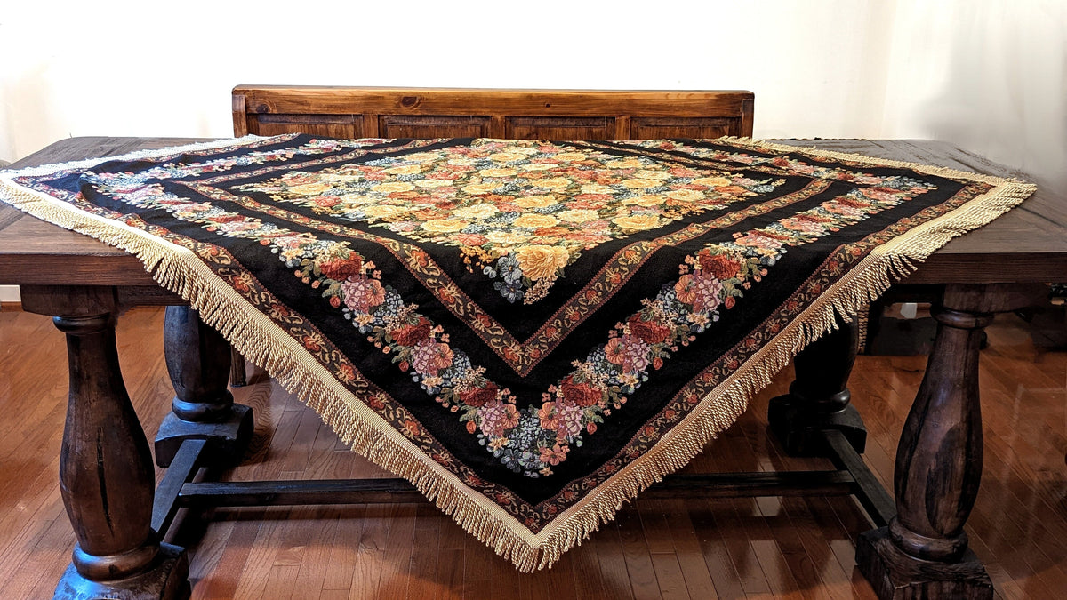 Midnight Awakening Black Floral Country Rustic Woven Tablecloth – view 4