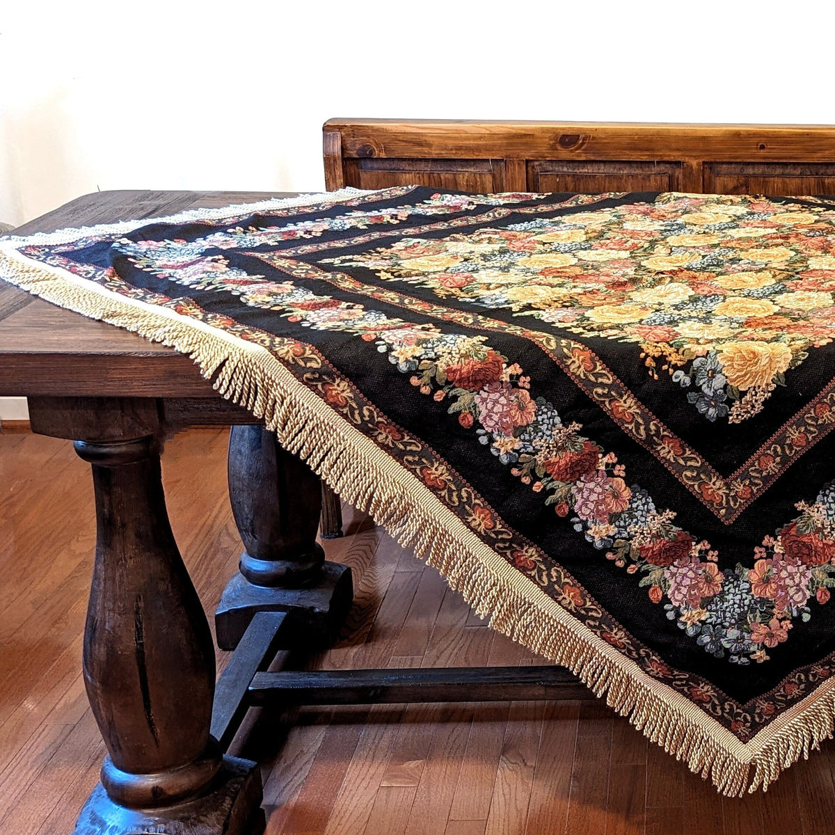 Midnight Awakening Black Floral Country Rustic Woven Tablecloth – view 8