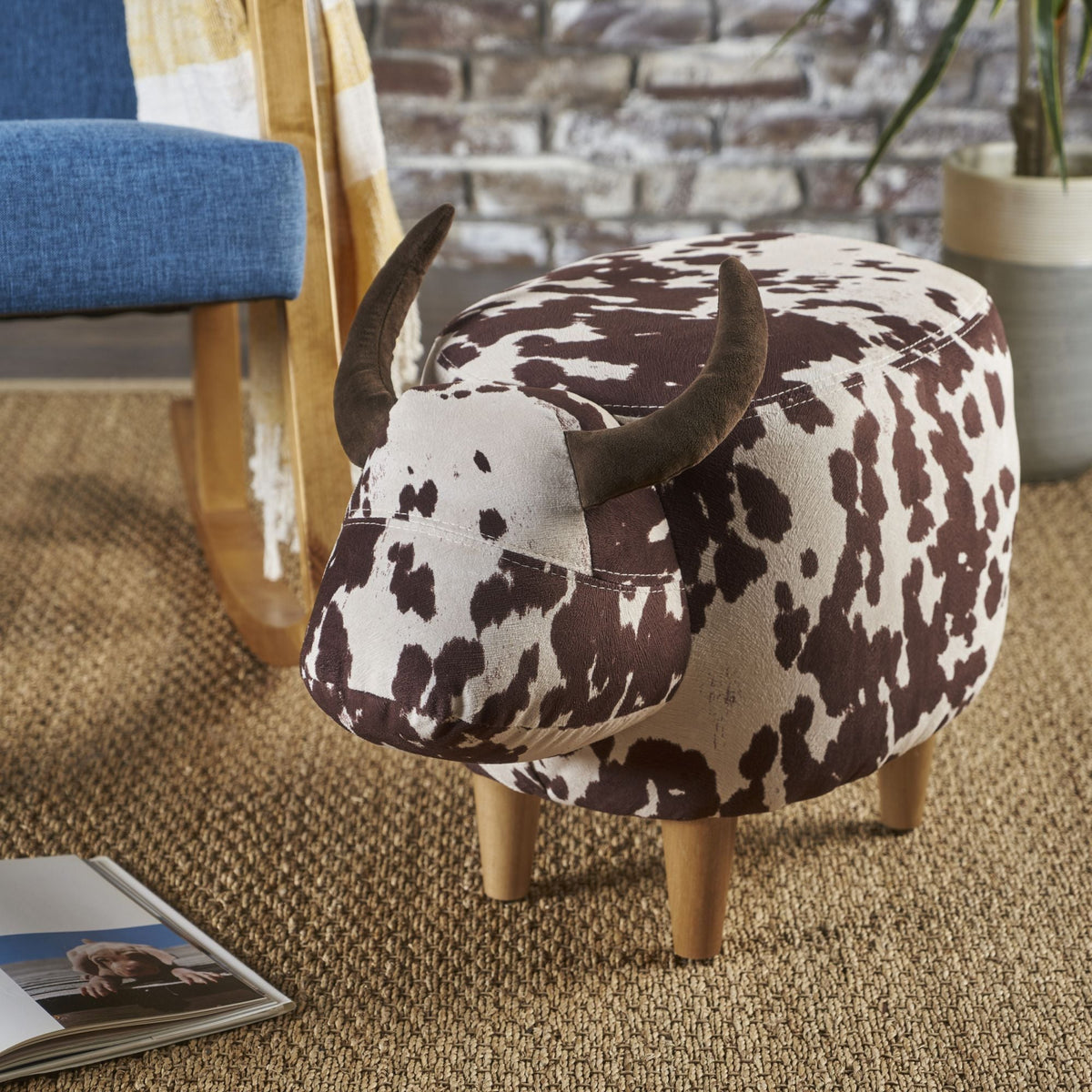 Cow-Shaped Ottoman Footstool in Fabric and Wood, Black or Dark Brown – view 5