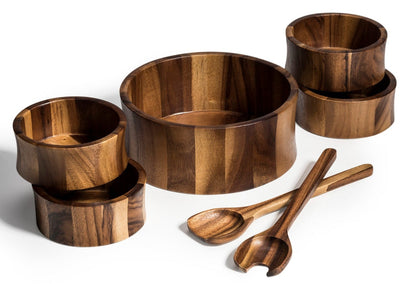 Acacia Wood Salad Bowl Set with Servers and Individual Bowls