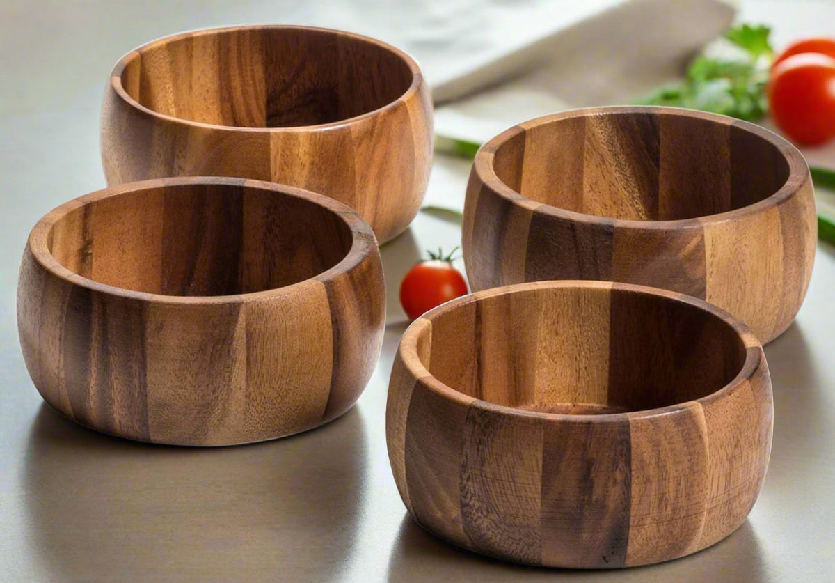 Acacia Wood Individual Salad Bowls, Set of Four