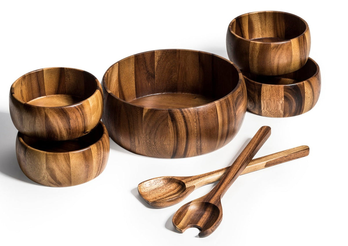 Acacia Wood Salad Bowl Set with Servers and Individual Bowls
