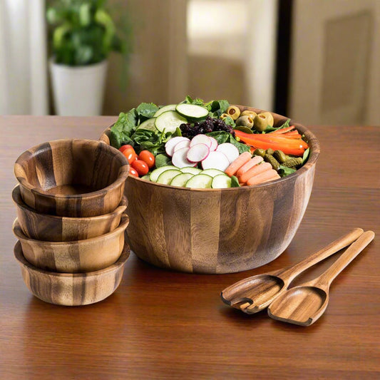 Acacia Wood Salad Bowl Set with Servers and Individual Bowls