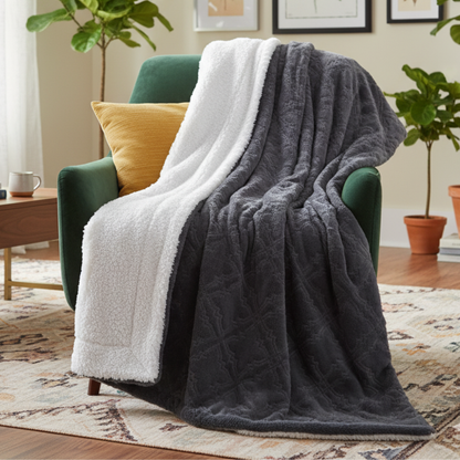 Faux Fur Diamond Trellis Throw Blanket, Navy Blue