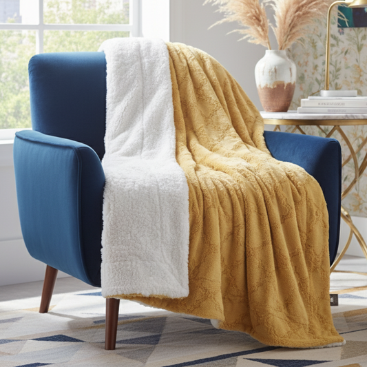 Mustard Yellow Polyester Faux Fur Moroccan Lattice Throw Blanket