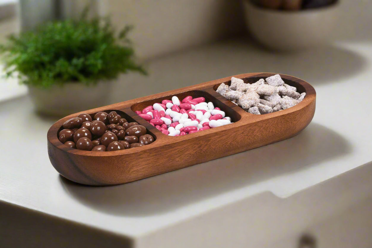 Solid Acacia Wood 3-Compartment Candy and Nut Tray