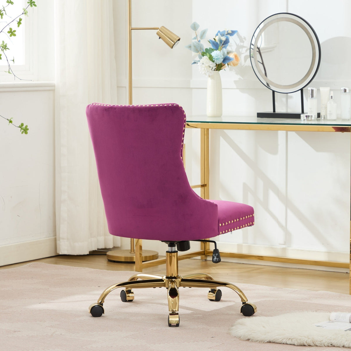 Purple Velvet Tufted Office Chair with Gold Accents and Nailhead Trim – view 17