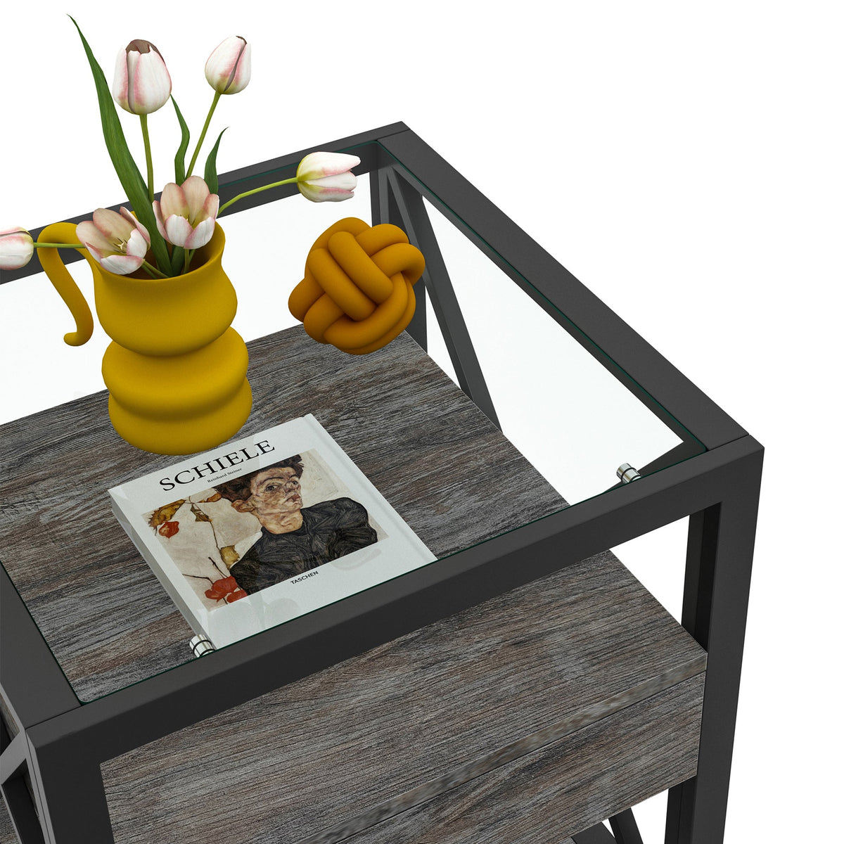 Industrial End Tables with Drawer and Glass Top, Set of 2 Nightstands – view 17