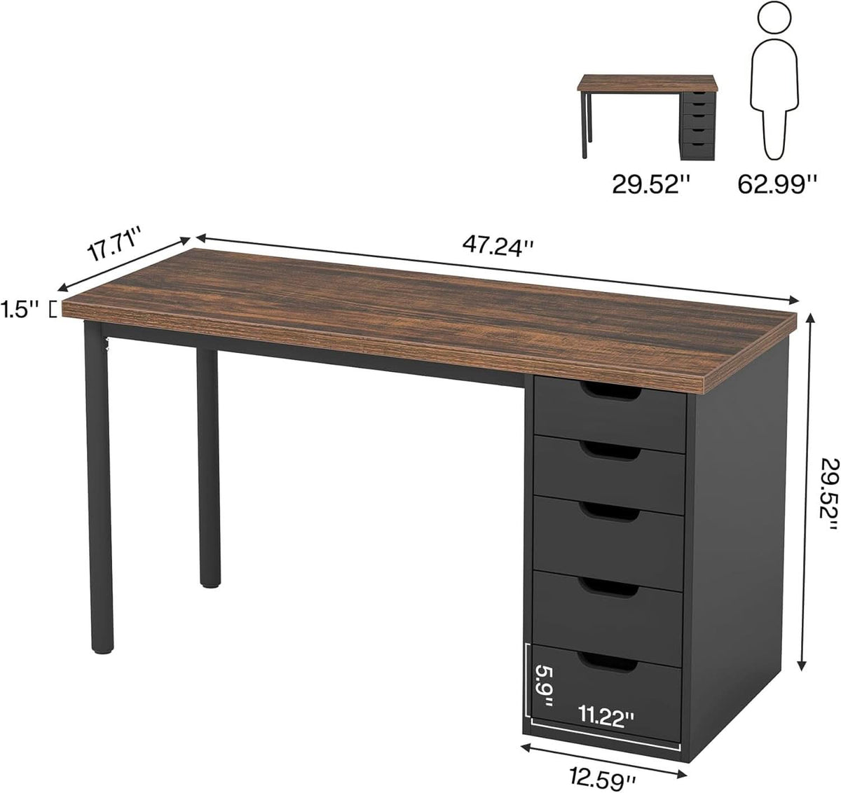 47-Inch Rustic Brown Computer Desk with 5 Drawers – view 2