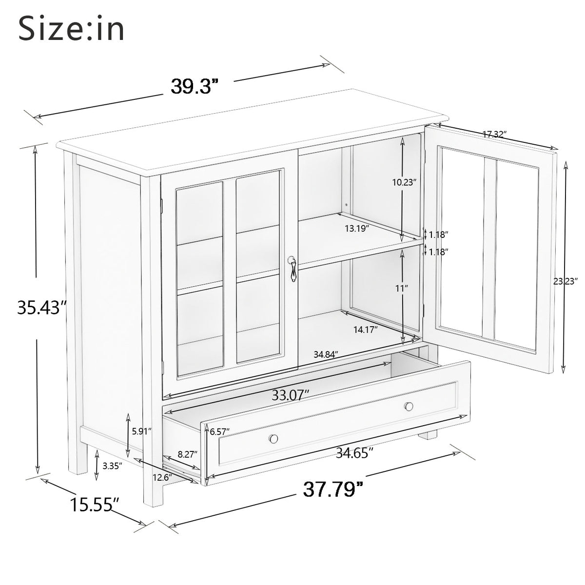 White Buffet Storage Cabinet with Double Glass Doors and Bell Handles – view 10