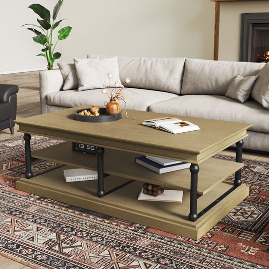 Brown wood coffee table with black legs and two open storage shelves in a modern living room