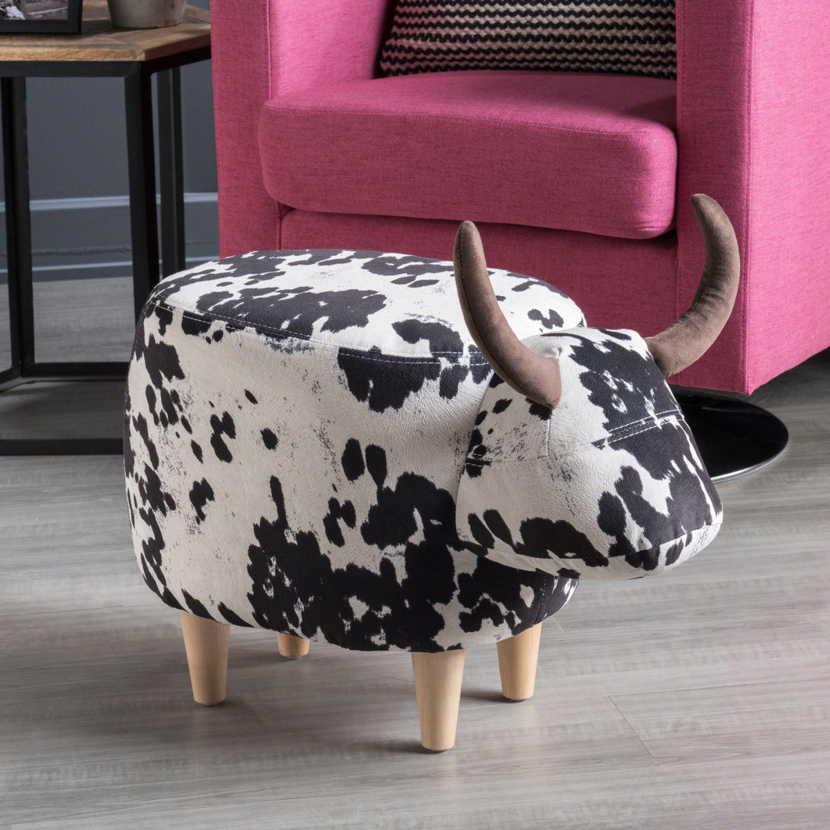 Cow-Shaped Ottoman Footstool in Fabric and Wood, Black or Dark Brown – view 6