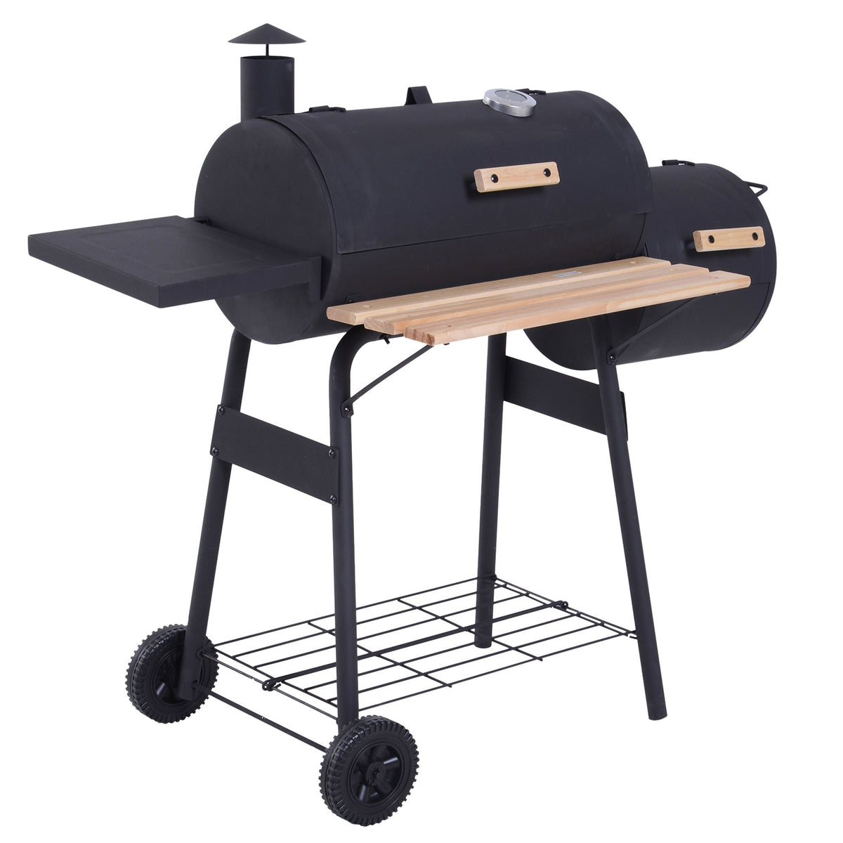 Black 48-inch steel charcoal BBQ grill and offset smoker combo with wooden handles in a backyard