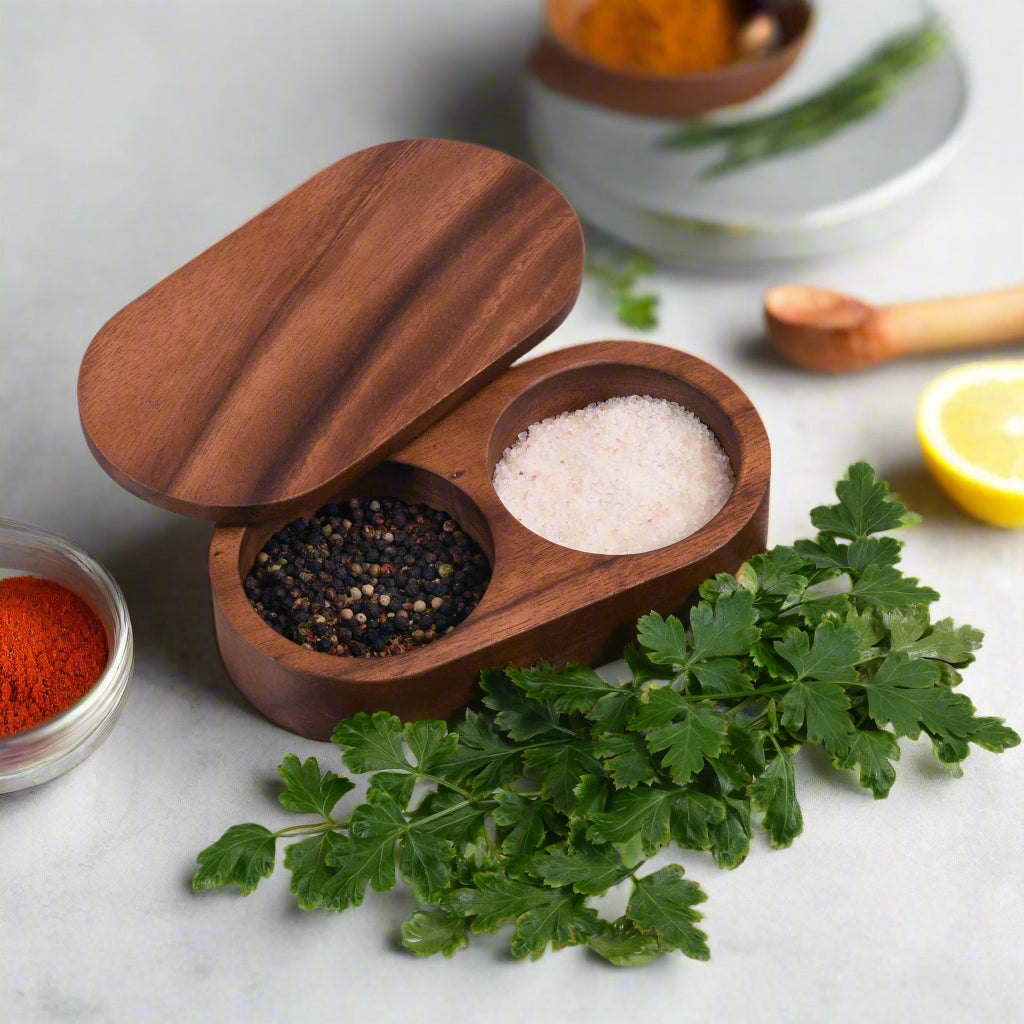 Acacia Wood Salt and Pepper Pinch Pot with Rotating Cover – view 4