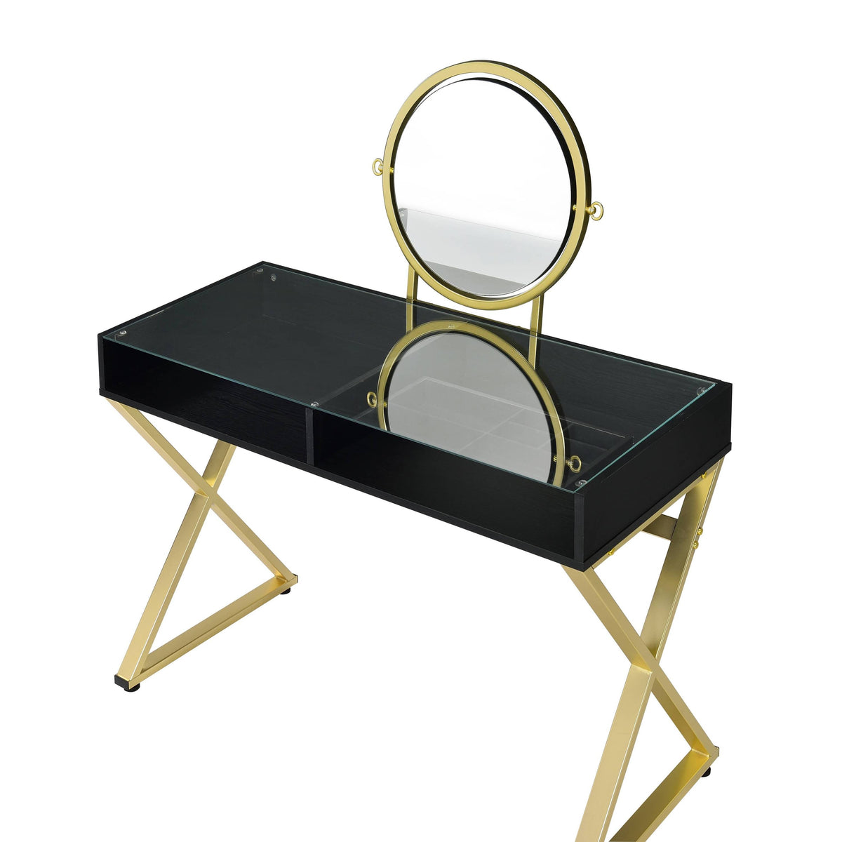 Black and Gold Vanity Desk with Mirror, Jewelry Tray and Two Drawers – view 6