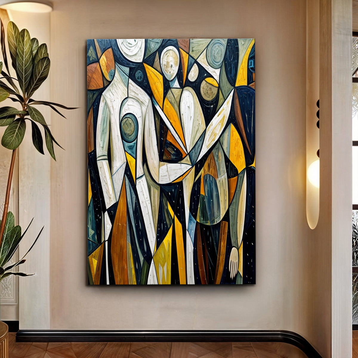 Abstract human connection canvas wall art above a bed in a calm contemporary bedroom