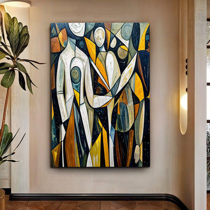 Abstract human connection canvas wall art above a bed in a calm contemporary bedroom