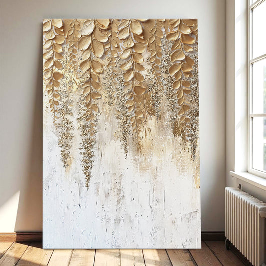 Golden wisteria floral canvas wall art above a bed in a romantic bedroom
