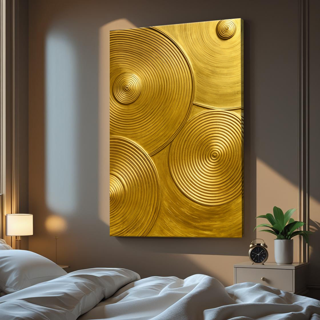Gold Symphony abstract canvas wall art in an elegant dining room with brass accents