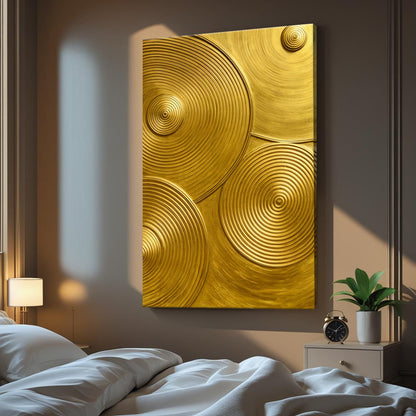 Gold Symphony abstract canvas wall art in an elegant dining room with brass accents