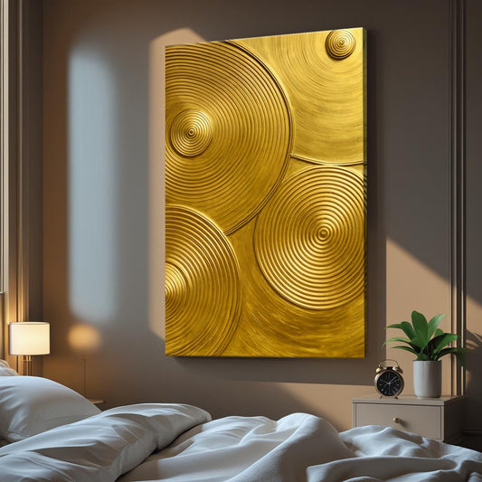 Gold Symphony abstract canvas wall art in an elegant dining room with brass accents