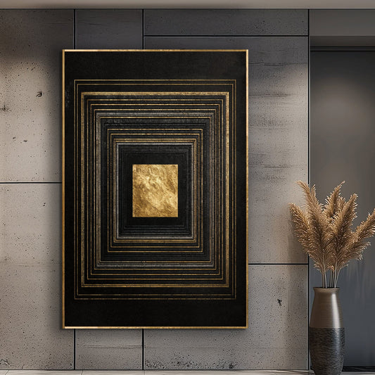 Black and gold core abstract canvas wall art above a dark velvet sofa in a glam living room