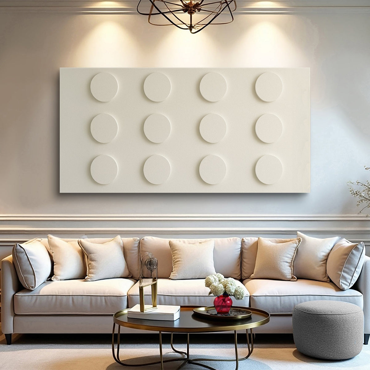 Wide modern abstract minimalist canvas wall art II above a sofa in a contemporary room