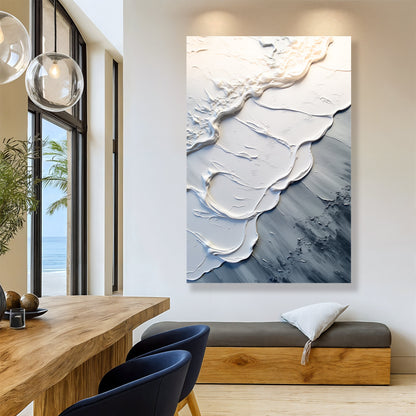 Abstract minimalist wave canvas wall art II hanging over a bed in a light coastal bedroom