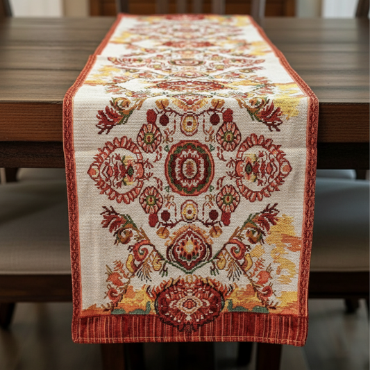 Woven Tapestry Table Runner with Burgundy Paisley Medallion
