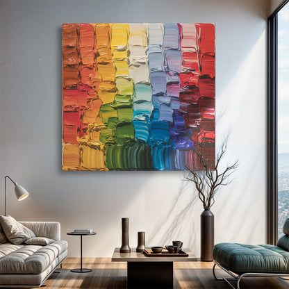 Chroma Flow colorful abstract square canvas wall art above a reading chair in a modern room