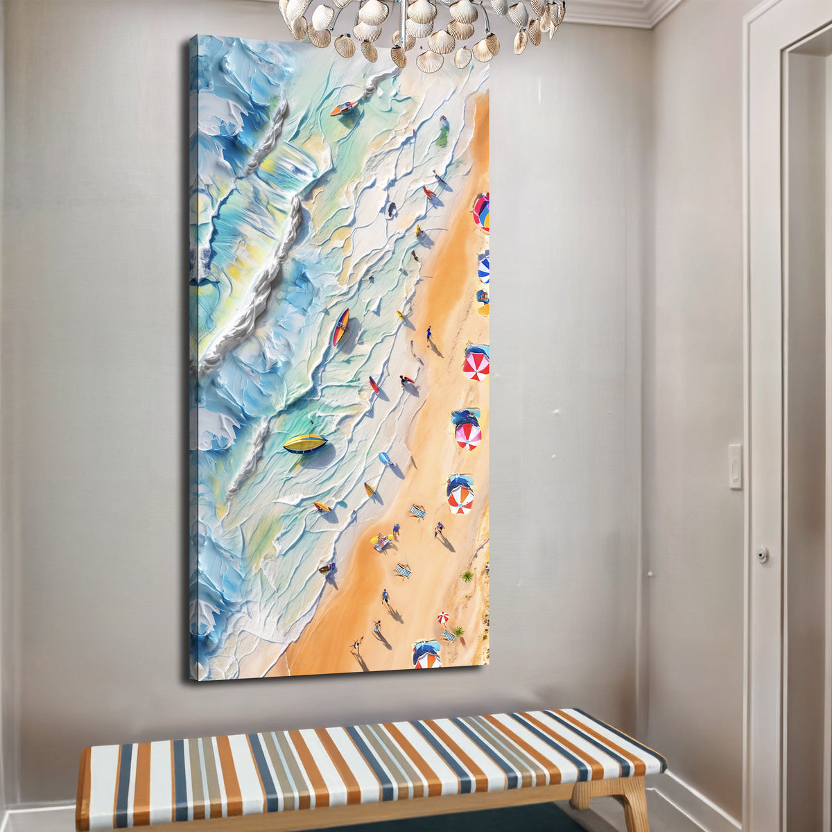 Beach Days III coastal canvas wall art above a sectional sofa in a bright sunroom