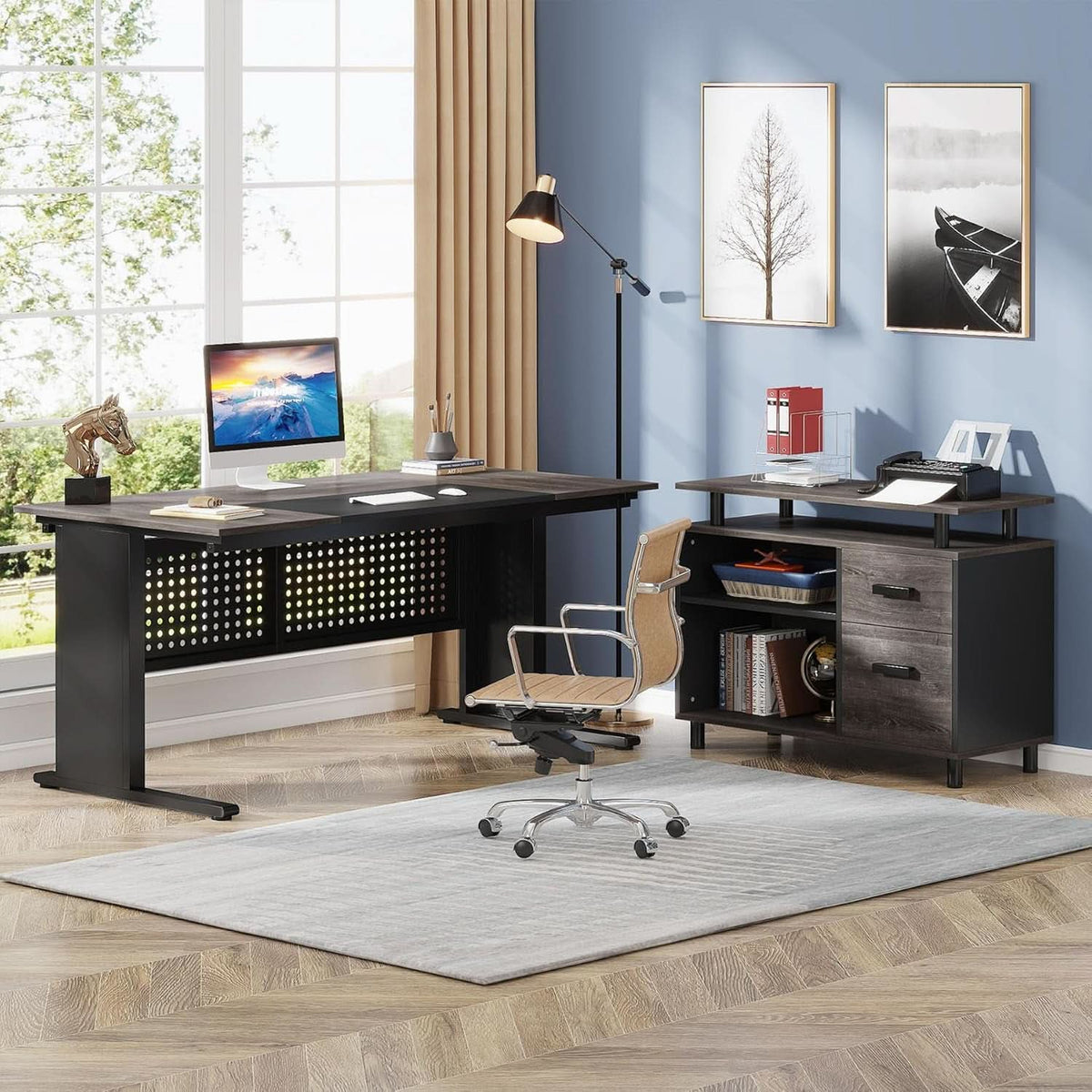 63-Inch Executive Desk with File Cabinet and Open Shelves – view 4