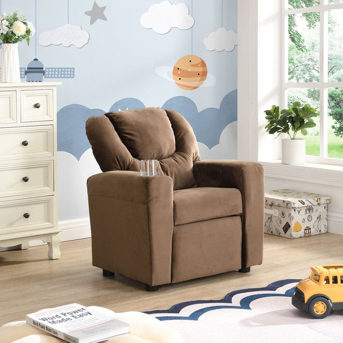 Brown Kids Recliner Chair with Cup Holder, Manual Reclining – view 2