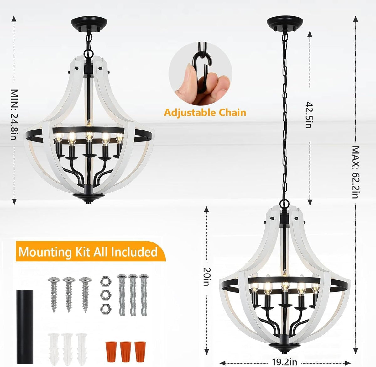 5-Light Farmhouse Chandelier with Dual-Mount Design, Weathered White – view 5