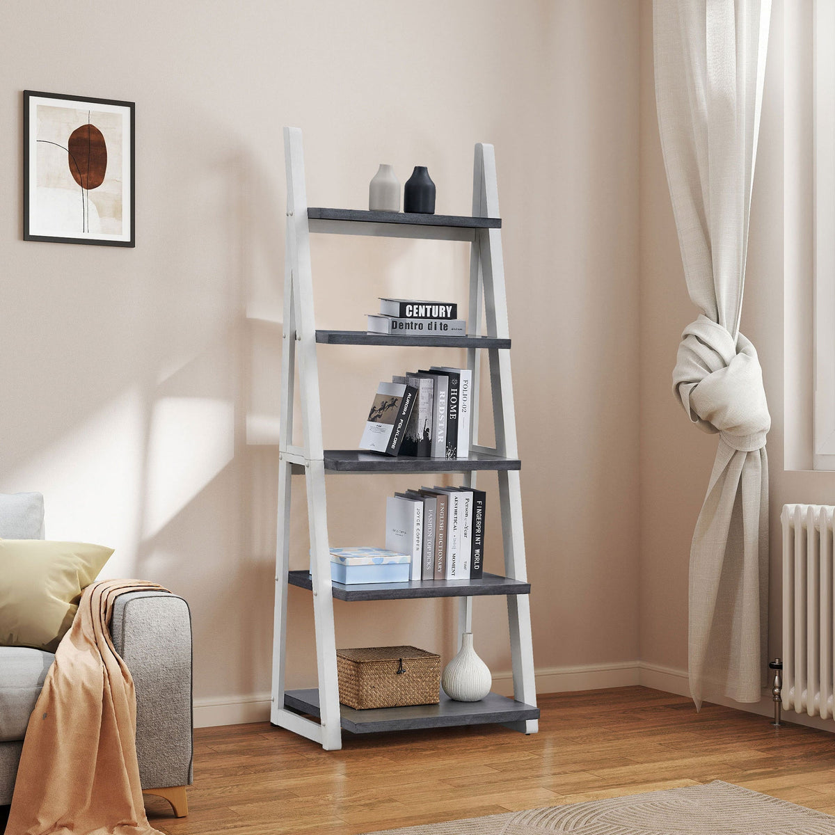 Grey and white 5-tier ladder shelf with books and plants in a modern living room
