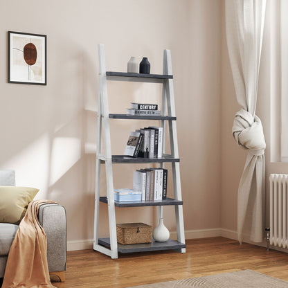 Grey and white 5-tier ladder shelf with books and plants in a modern living room