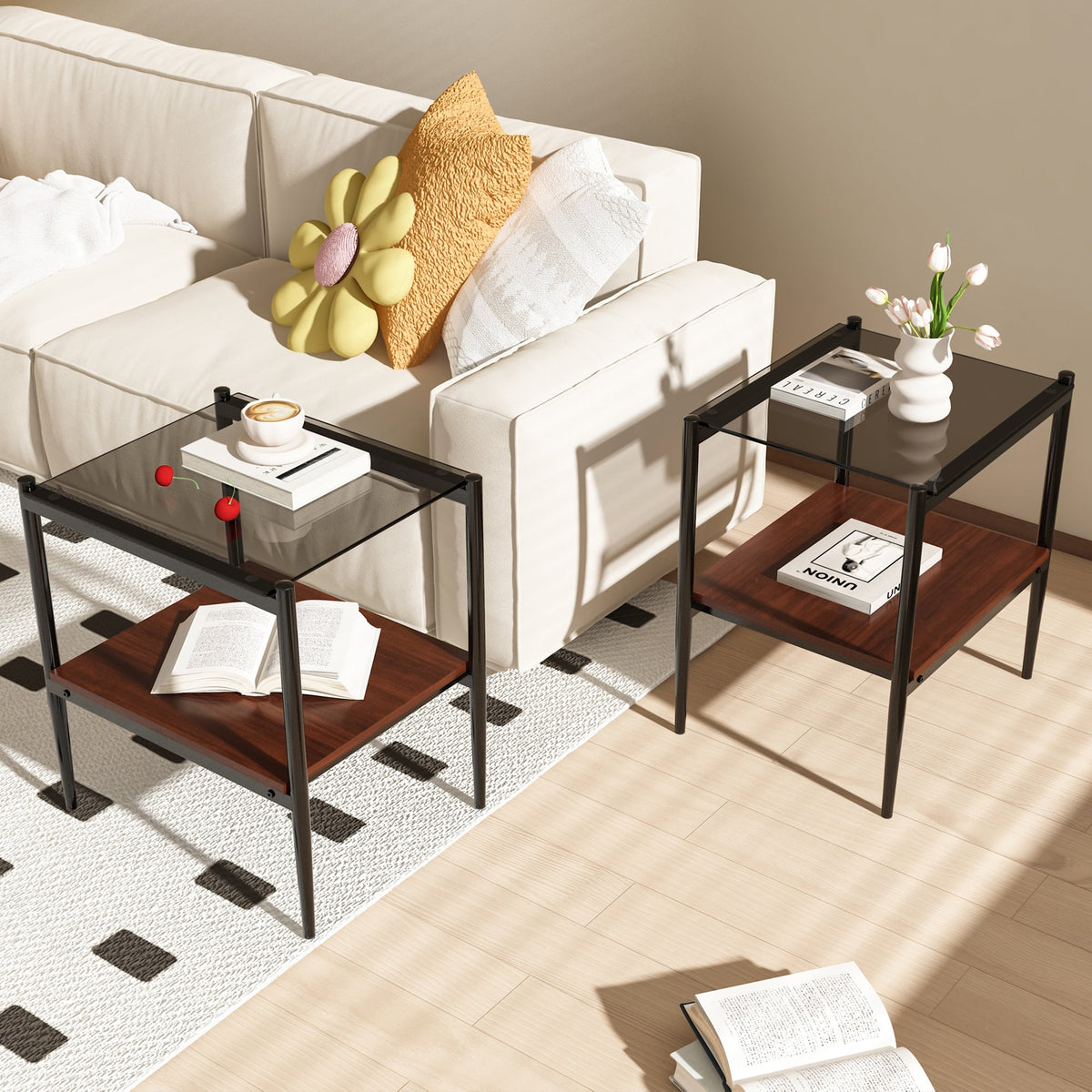 Rectangle End Tables with Gray Tempered Glass Tops, Set of 2 – view 2
